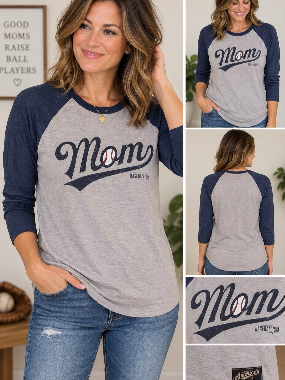Baseballism Baseball Mom Raglan 3/4 Sleeve Shirt Size L Gray Navy